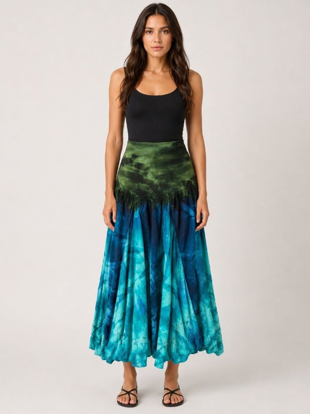 Solitaire Tie Dye Boho Maxi Skirt Green Blue 100% Cotton Size XL